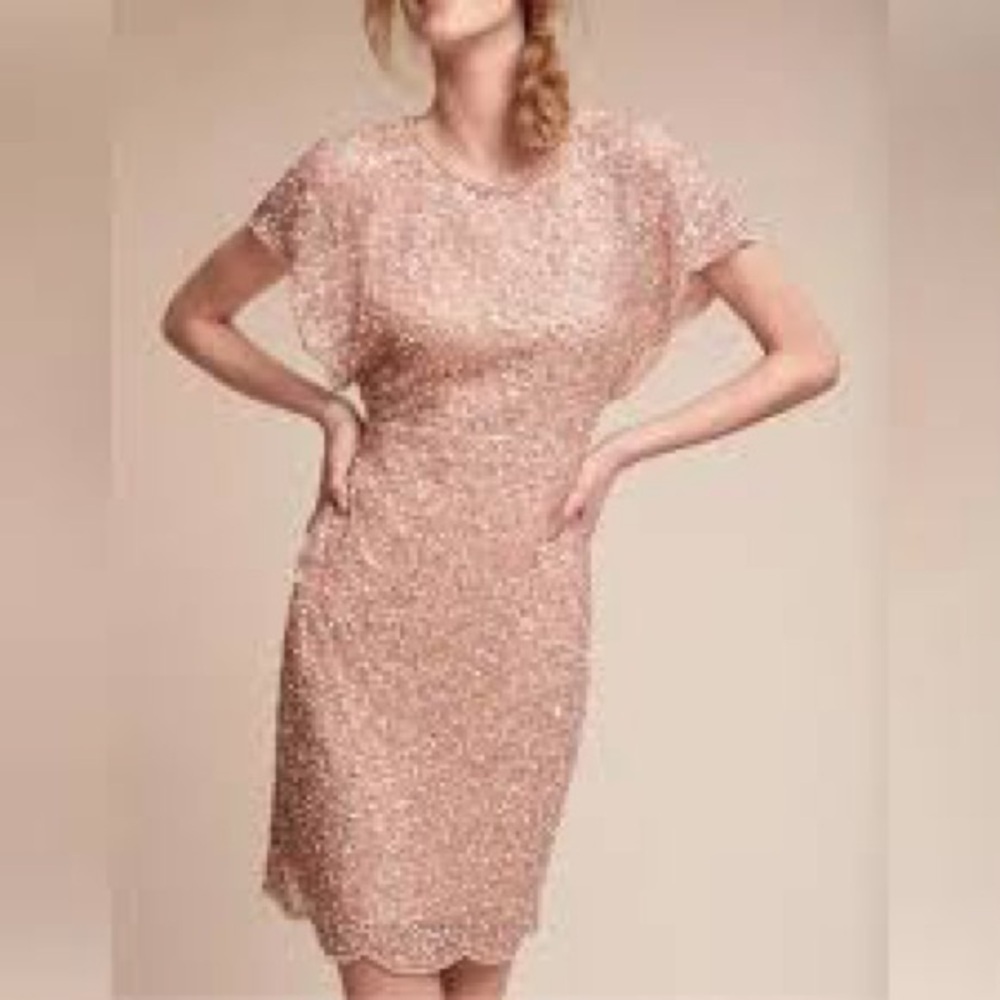 Adrianna Papell Beaded Cocktail Dress Scalloped Flutter Sleeve Sequins Pearls 16